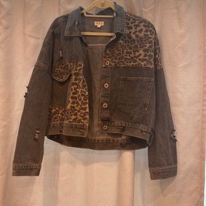 POL Distressed black & cheetah denim jacket